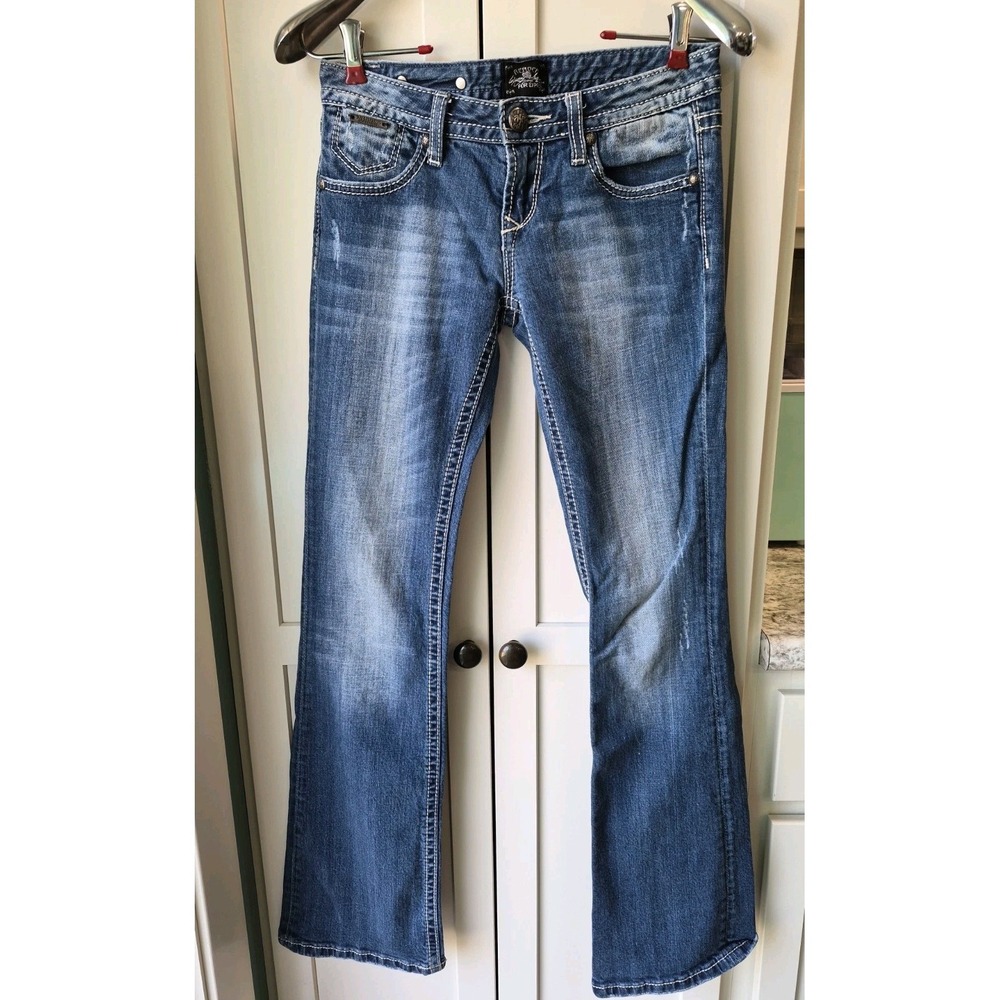 ReRock for Express Bootcut Blue Denim Jeans Women Zip Button Logo Pockets Sz 0R